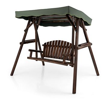Gymax 2 Person Wooden Garden Swing Bench Chair w/ Adjustable Cover for Garden Porch