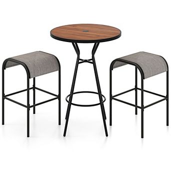 Gymax 3 pc Patio Bistro Set Round Table w/ 1.6'' Umbrella Hole & 2 Stools Metal Frame