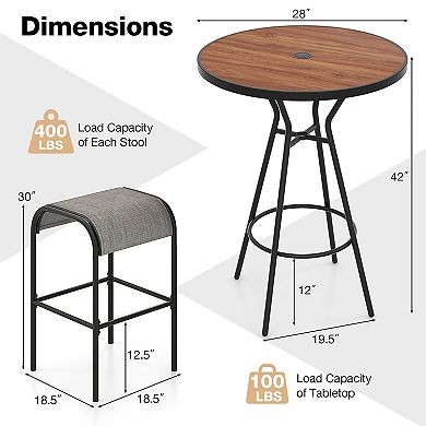 Gymax 3 PCS Patio Bistro Set Round Table w/ 1.6'' Umbrella Hole & 2 Stools Metal Frame