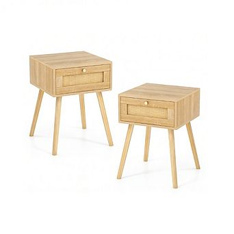 Gymax 2 pc Nightstand Bedside Sofa Table with Rattan Drawer for Bedroom & Living Room