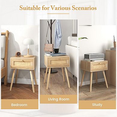 Gymax 2 PCS Nightstand Bedside Sofa Table with Rattan Drawer for Bedroom & Living Room