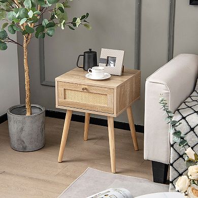 Gymax 2 PCS Nightstand Bedside Sofa Table with Rattan Drawer for Bedroom & Living Room