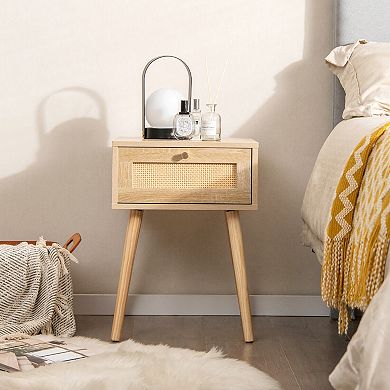Gymax 2 PCS Nightstand Bedside Sofa Table with Rattan Drawer for Bedroom & Living Room