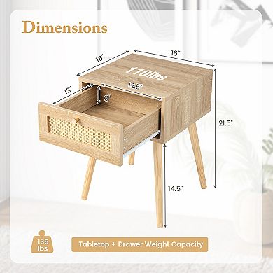 Gymax 2 PCS Nightstand Bedside Sofa Table with Rattan Drawer for Bedroom & Living Room