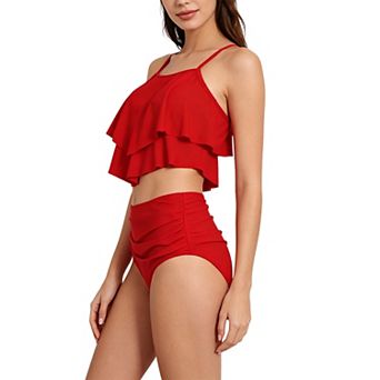 Women's Two Piece Flounce Bikini Set with High Waist Ruched Bottom, Adjustable Strap