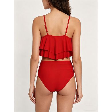 Women's Two Piece Flounce Bikini Set with High Waist Ruched Bottom, Adjustable Strap