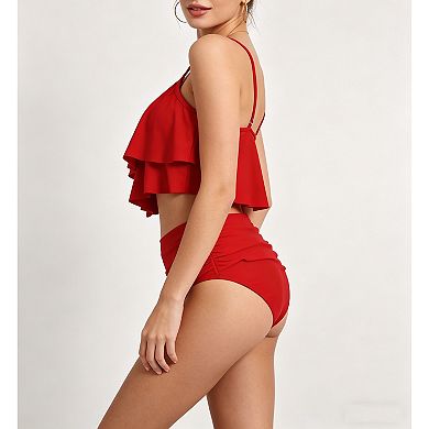 Women's Two Piece Flounce Bikini Set with High Waist Ruched Bottom, Adjustable Strap