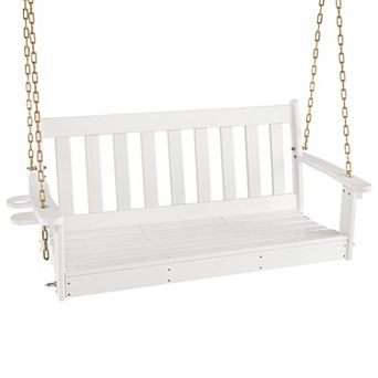 Gymax 54'' HDPE Porch Swing Outdoor Patio Hanging Chair w/ Cup Holder Adjustable Chain