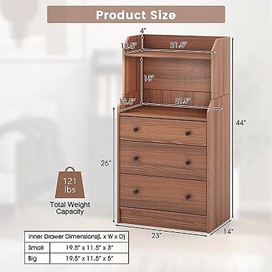 Gymax 3-Drawer Dresser 44'' Tall Wood Storage Organizer Chest w/ 2 Open Shelves