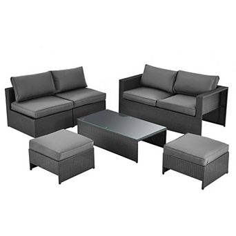 Gymax 6 pc Rattan Patio Conversation Furniture Set Cushioned Sectional Sofa Set