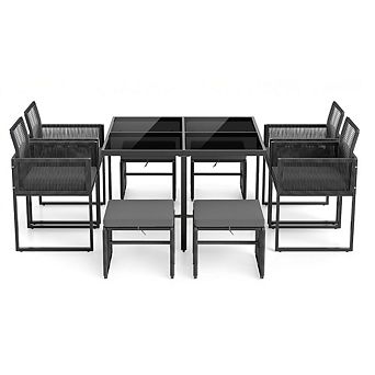 Gymax Set Of 9 Patio Dining Set w/ PE Rattan Chairs Tempered Glass Table & Ottomans