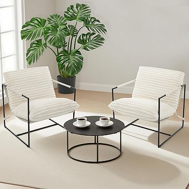 Modern Sling Accent Lounge Chair Metal Frame Linen Corduroy Upholstered