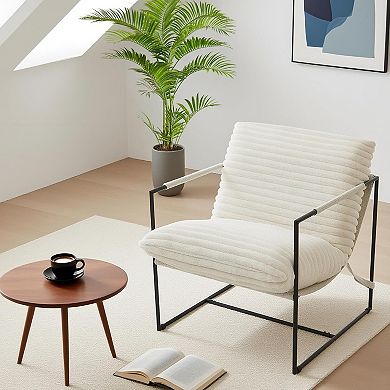 Modern Sling Accent Lounge Chair Metal Frame Linen Corduroy Upholstered