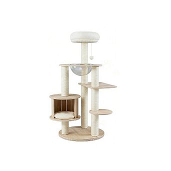Gymax Wooden Cat Tree w/Condo Perch Space Capsule Scratching Posts