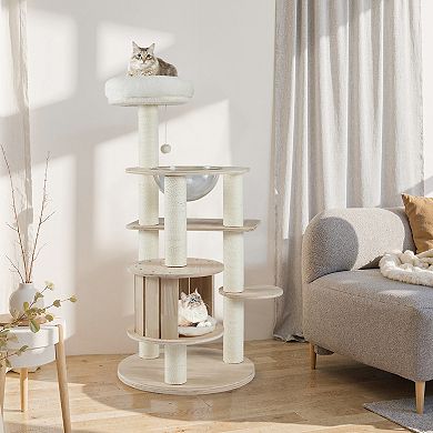 Gymax Wooden Cat Tree w/Condo Perch Space Capsule Scratching Posts