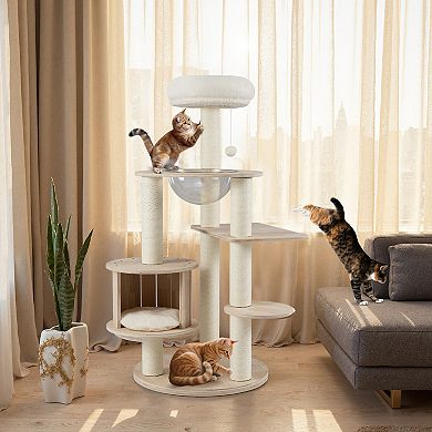 Gymax Wooden Cat Tree w/Condo Perch Space Capsule Scratching Posts