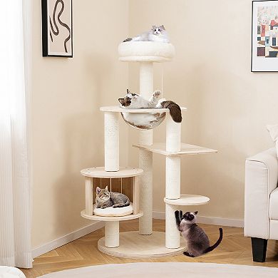 Gymax Wooden Cat Tree w/Condo Perch Space Capsule Scratching Posts