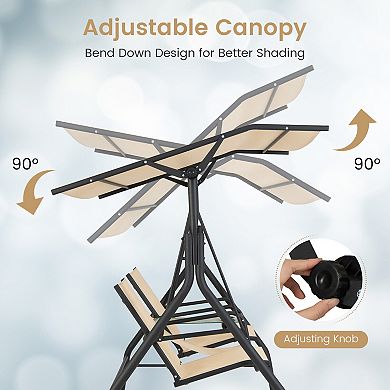 Gymax 2-Person Porch Swing Adjustable Canopy Swing Chair w/ Tempered Glass Table