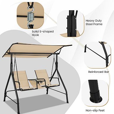 Gymax 2-Person Porch Swing Adjustable Canopy Swing Chair w/ Tempered Glass Table