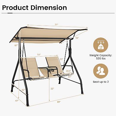 Gymax 2-Person Porch Swing Adjustable Canopy Swing Chair w/ Tempered Glass Table