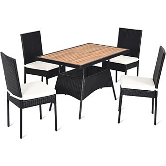 Gymax 5 pc Rattan Patio Dining Set Outdoor w/ Cushion Wooden Tabletop 4 Chairs