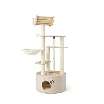 Gymax Wooden Cat Tree for Indoor Cats w/Condo Curved Perch Hammock