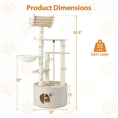 Gymax Wooden Cat Tree for Indoor Cats w/Condo Curved Perch Hammock
