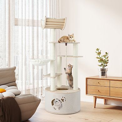 Gymax Wooden Cat Tree for Indoor Cats w/Condo Curved Perch Hammock