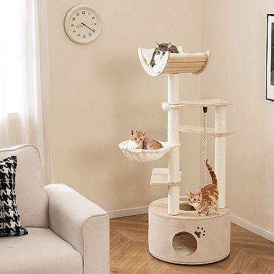 Gymax Wooden Cat Tree for Indoor Cats w/Condo Curved Perch Hammock