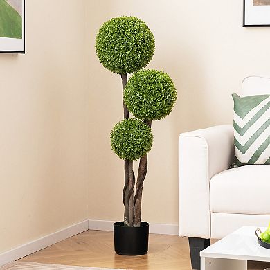 Gymax 4 FT Artificial Boxwood Topiary Ball Tree w/ Triple Ball Faux Greenery Plant