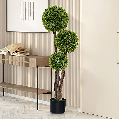 Gymax 4 FT Artificial Boxwood Topiary Ball Tree w/ Triple Ball Faux Greenery Plant