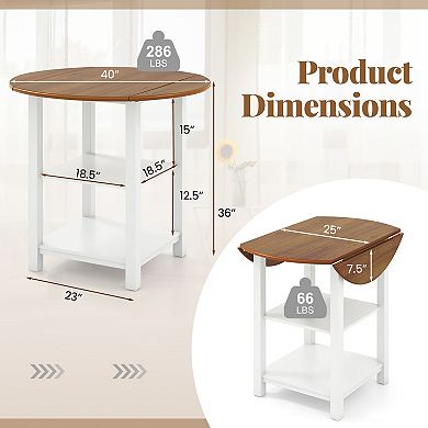 Gymax Folding Round Dining Table Drop Leaf Table w/ 2 Shelves for Small Spaces