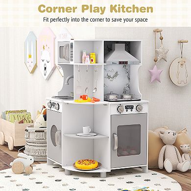 Gymax Corner Wooden Play Kitchen Kids Kitchen Playset w/ Microwave Range Hood Gift
