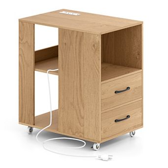Gymax End Table w/Built-in Charging Station USB Ports & Outlets 2 Drawers & 3 Shelves Natural