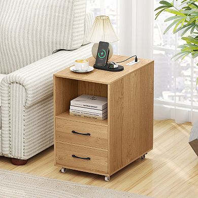 Gymax End Table w/Built-in Charging Station USB Ports & Outlets 2 Drawers & 3 Shelves Natural