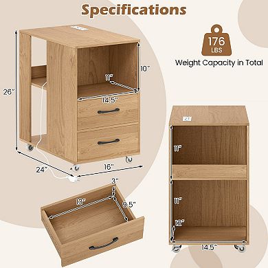 Gymax End Table w/Built-in Charging Station USB Ports & Outlets 2 Drawers & 3 Shelves Natural