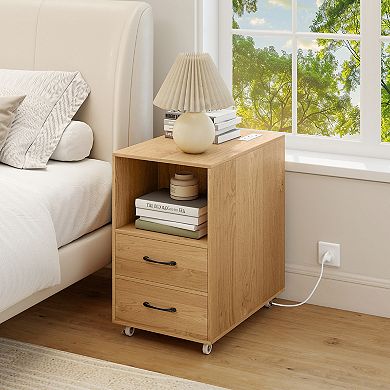 Gymax End Table w/Built-in Charging Station USB Ports & Outlets 2 Drawers & 3 Shelves Natural