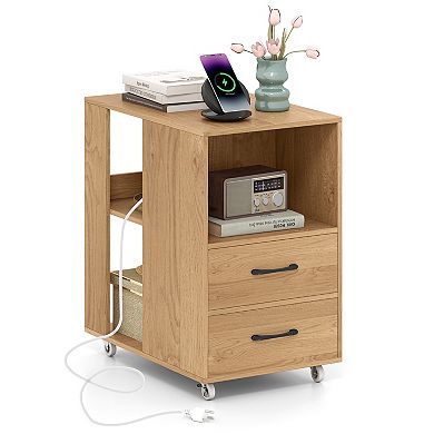 Gymax End Table w/Built-in Charging Station USB Ports & Outlets 2 Drawers & 3 Shelves Natural