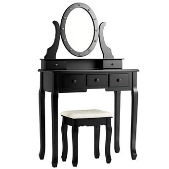 Gymax Vanity Set Makeup Dressing Table w/5 Drawers 12 LED Bulb Black