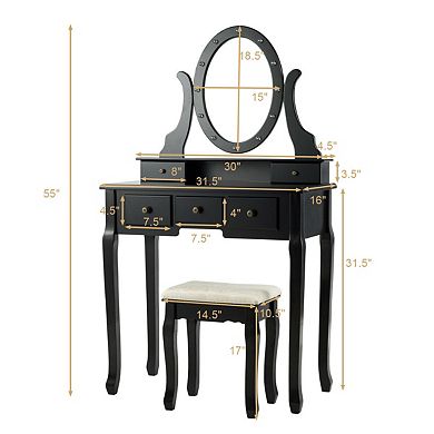 Gymax Vanity Set Makeup Dressing Table w/5 Drawers 12 LED Bulb Black