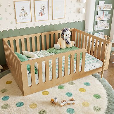 Lufeiya Full Size Montessori Kids Floor Bed with High Fence and Door, Solid Wood