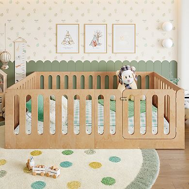 Lufeiya Full Size Montessori Kids Floor Bed with High Fence and Door, Solid Wood