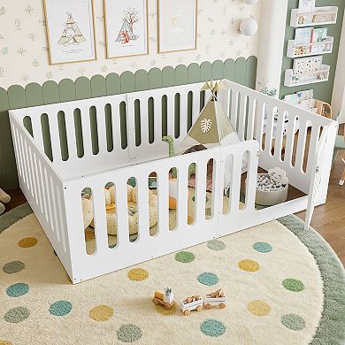 Lufeiya Full Size Montessori Kids Floor Bed with High Fence and Door, Solid Wood