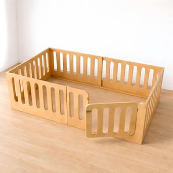 Lufeiya Full Size Montessori Kids Floor Bed with High Fence and Door, Solid Wood