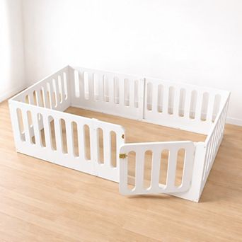 Lufeiya Full Size Montessori Kids Floor Bed with High Fence and Door, Solid Wood