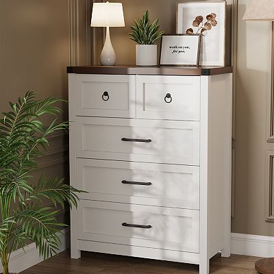 5 Drawer Dresser 41.3" Tall, Wood Wide Chest of Drawers for Bedroom  Entryway Living Room Closets