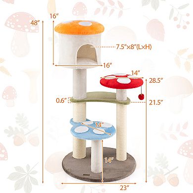 Gymax Cute Mushroom Cat Tree Cat Tower w/ Sisal Scratching Posts Top Condo
