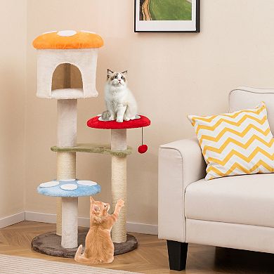 Gymax Cute Mushroom Cat Tree Cat Tower w/ Sisal Scratching Posts Top Condo