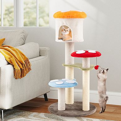 Gymax Cute Mushroom Cat Tree Cat Tower w/ Sisal Scratching Posts Top Condo