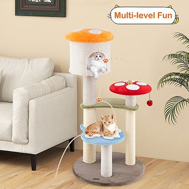 Gymax Cute Mushroom Cat Tree Cat Tower w/ Sisal Scratching Posts Top Condo
